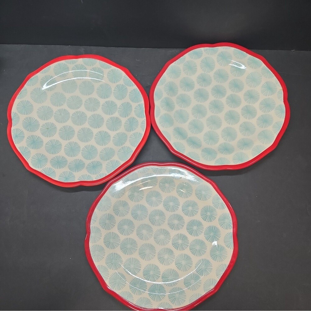 Pioneer Woman Round Ceramic Plate White Blue Geometric Pattern Red Rim